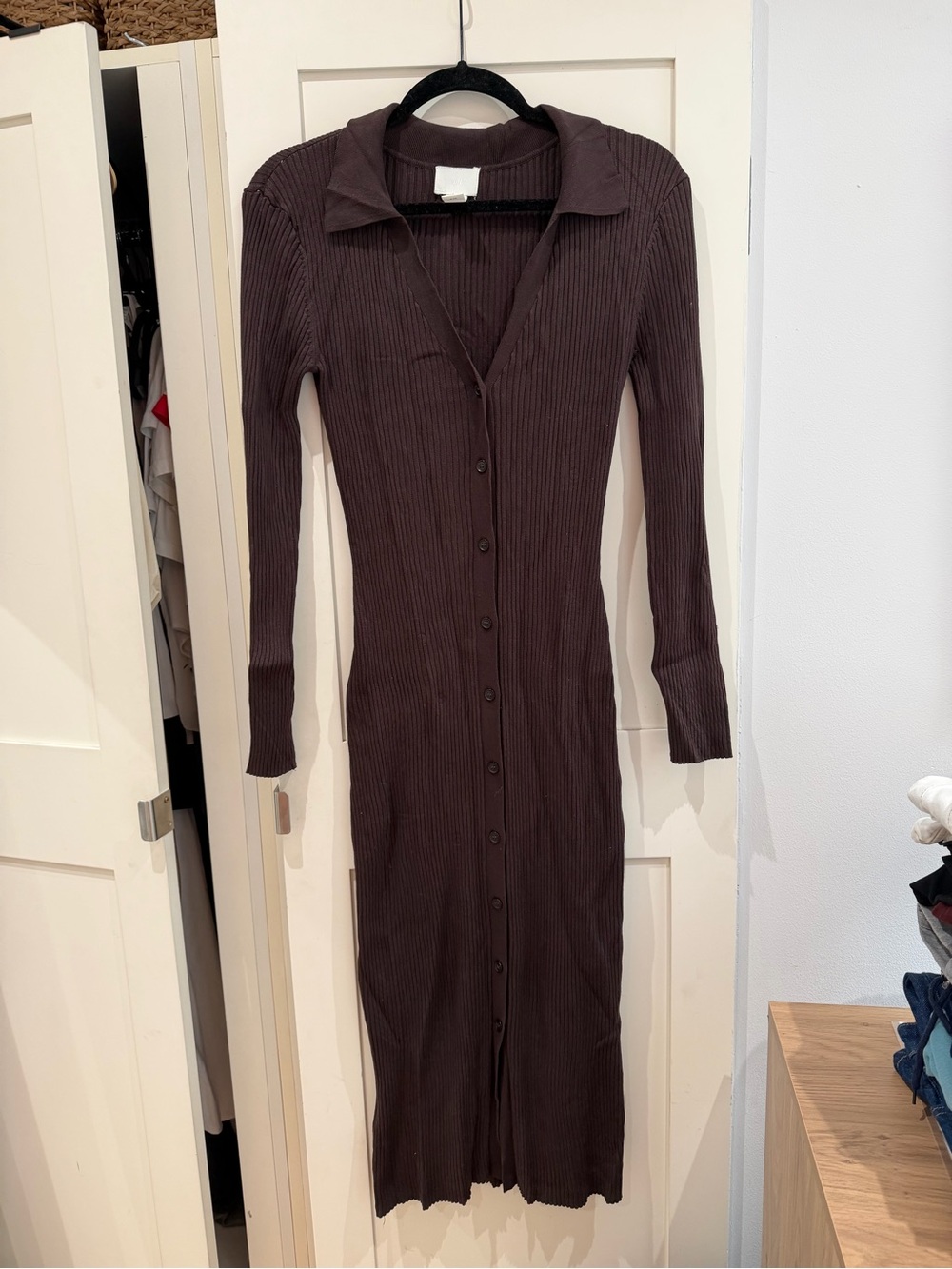 H&M Ribbed Button-Front Long Sleeve Dress in Brown